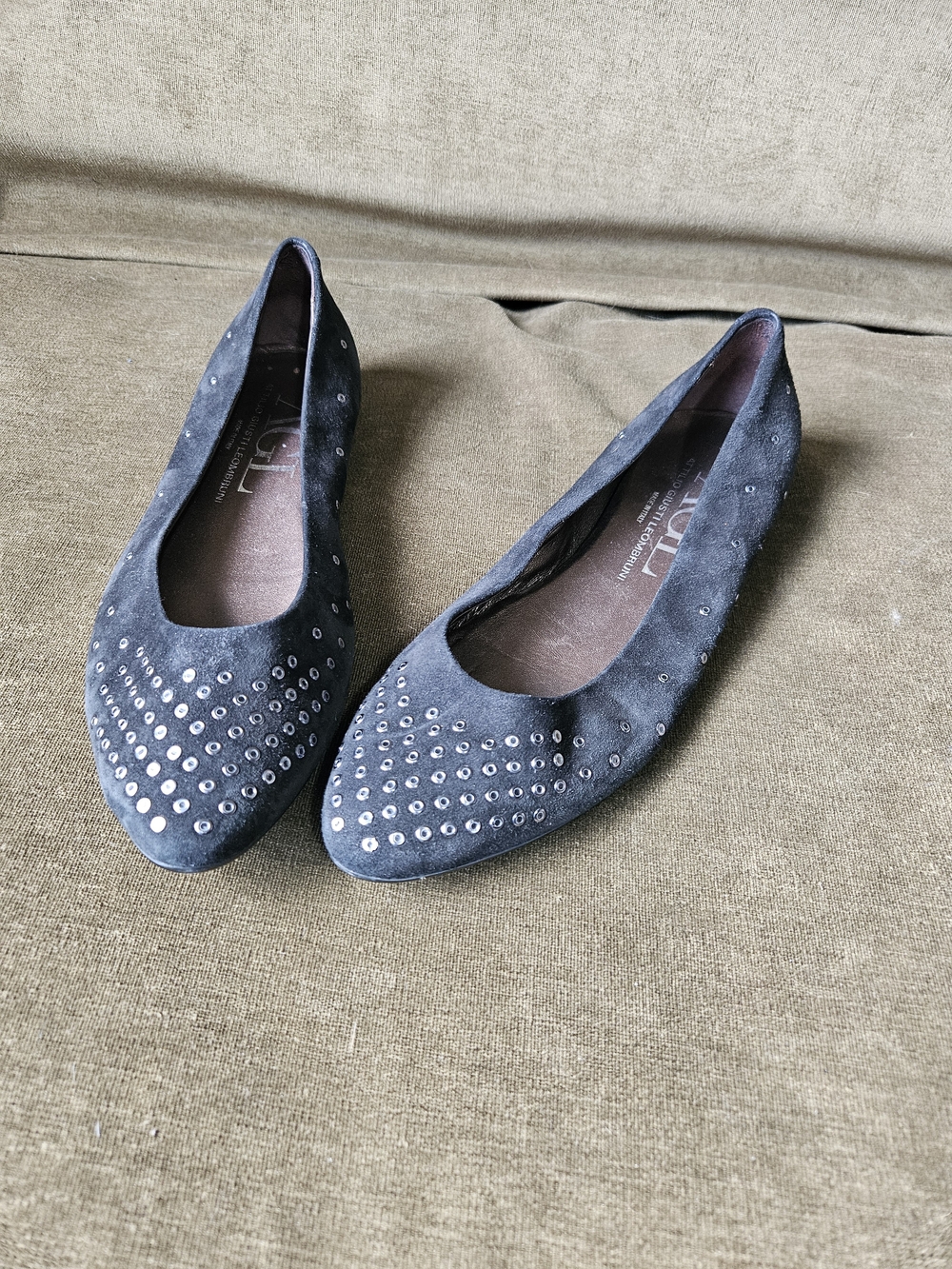 AGL Black Suede Studded Pointed-Toe Ballet Flats - Picture 7 of 12